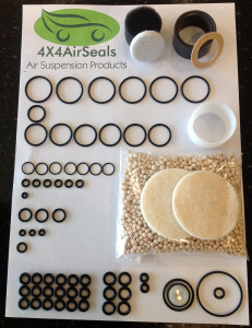 Range Rover P38 – Air Suspension Compressor Piston Seal + Valve Block Solenoid ‘O’ Ring + Diaphragm Seal + Air Dryer Repair Kit